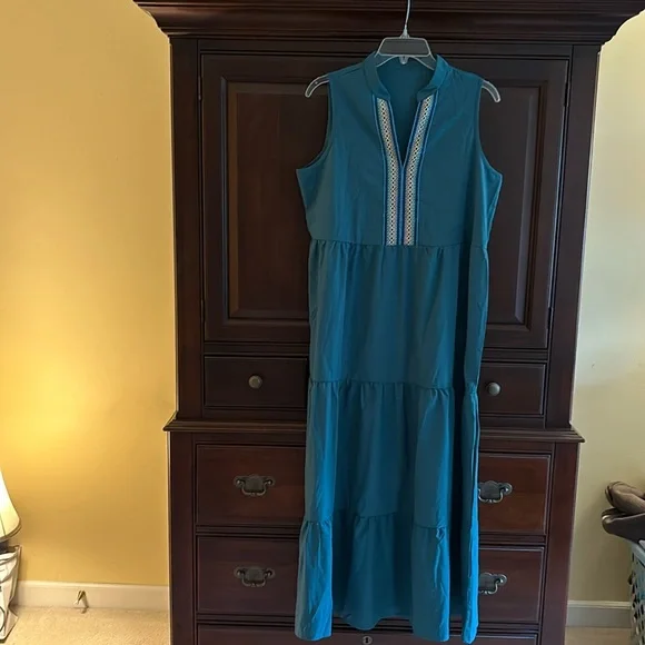 SHEIN | Dresses | Large Tiered Turquoise Blue Maxi W Embroidered Front  Notch Collar | Poshmark